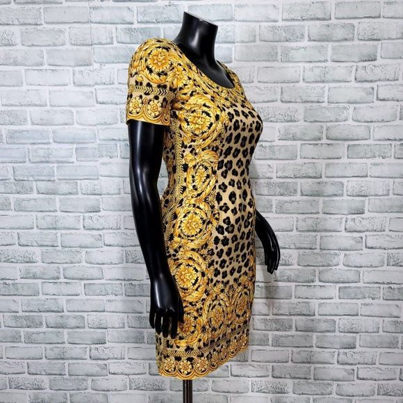 Vintage 90s Bloomingdales Womens 4P Silk Leopard Gold Filigree Mini Sheath Dress - Picture 5 of 7